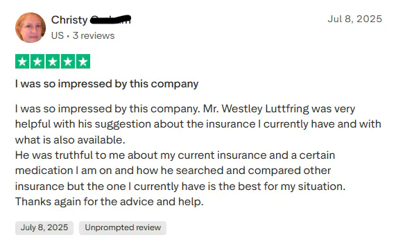 Five-star customer review praising Mr. Westley Luttfring for helpful and truthful insurance advice, dated July 8, 2025.