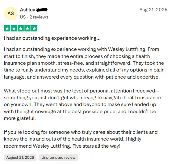 Five-star review praising Wesley Luttfring for exceptional, patient, and clear assistance with choosing a health insurance plan, highlighting personal attention and expert guidance.