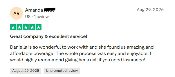 Five-star review from Amanda praising Daniella for excellent service and affordable coverage, recommending her for insurance needs.