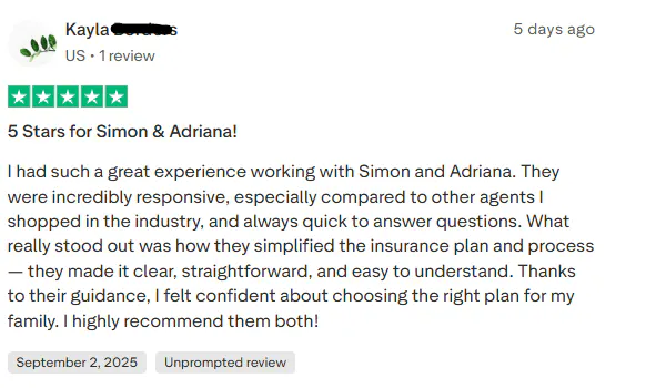 Five-star written review praising Simon and Adriana's responsiveness, clarity, and helpful guidance in simplifying an insurance plan and process.