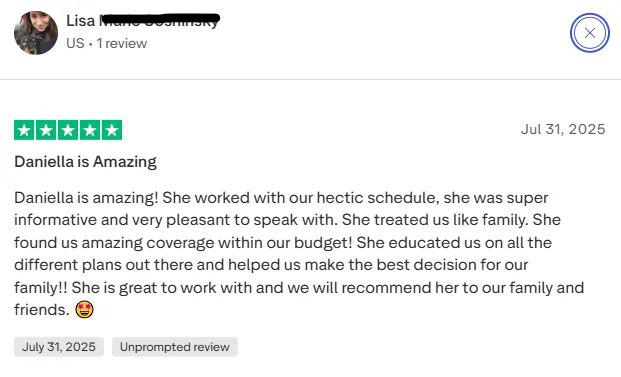 User Lisa from the US gave a 5-star review praising Daniella for being informative, pleasant, accommodating, and helpful in finding budget-friendly coverage and educating about different plans.