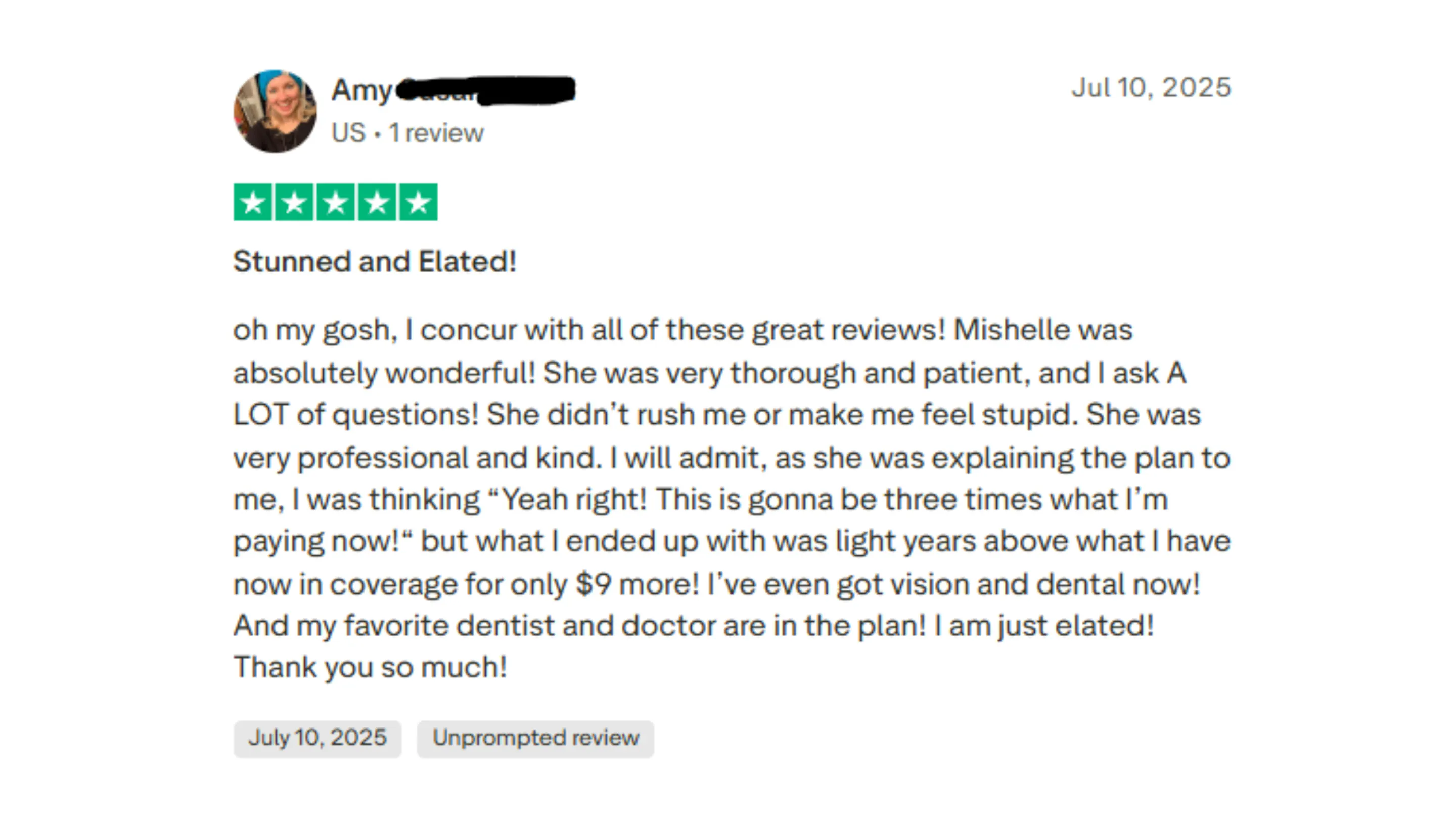 Customer review dated July 10, 2025, giving a five-star rating praising thorough and kind service, improved coverage including vision and dental for only $9 more.