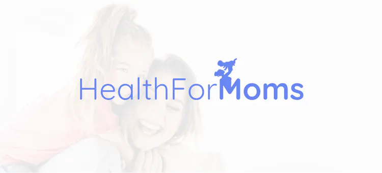 Logo with the text "HealthForMoms" in blue, with a silhouette of a parent lifting a child integrated into the letter "M".